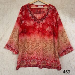 Susan Graver top womens XL red geometric print beaded sheer boho art to wear
